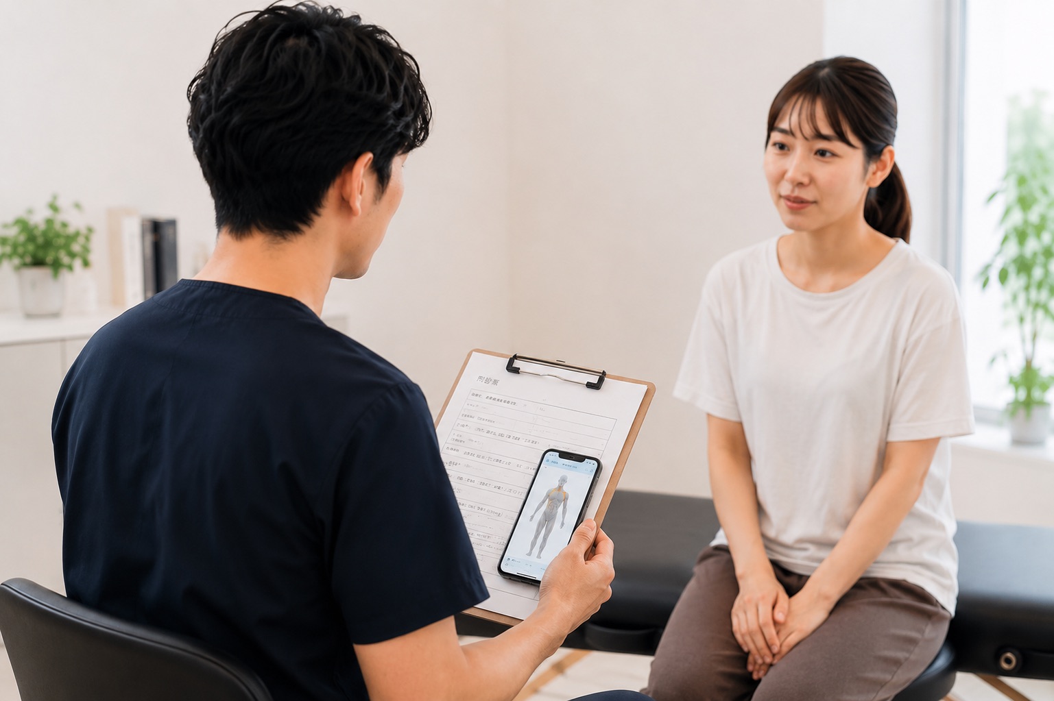 患者さんの状態をタブレットで確認しながら問診する施術者