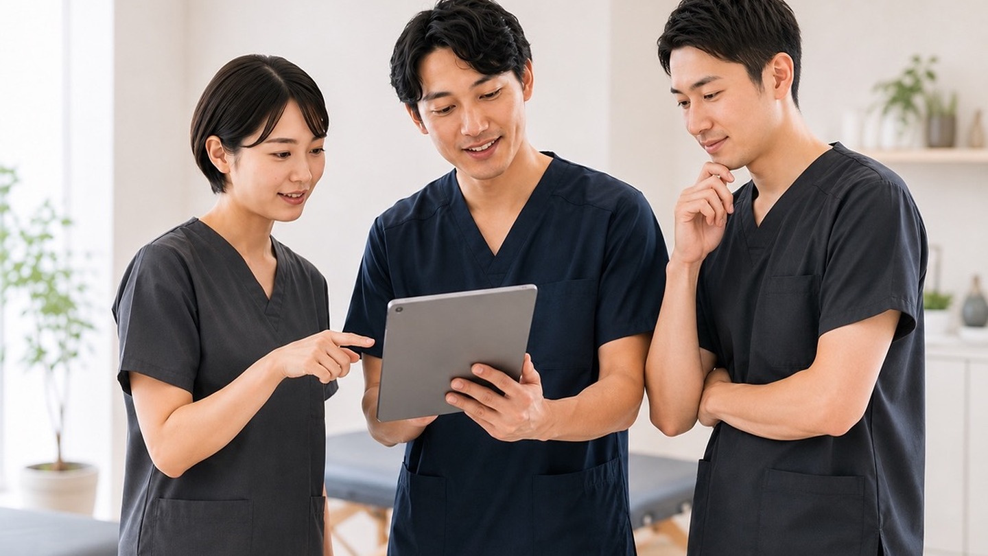 タブレットを見ながら臨床思考を共有する施術者たち